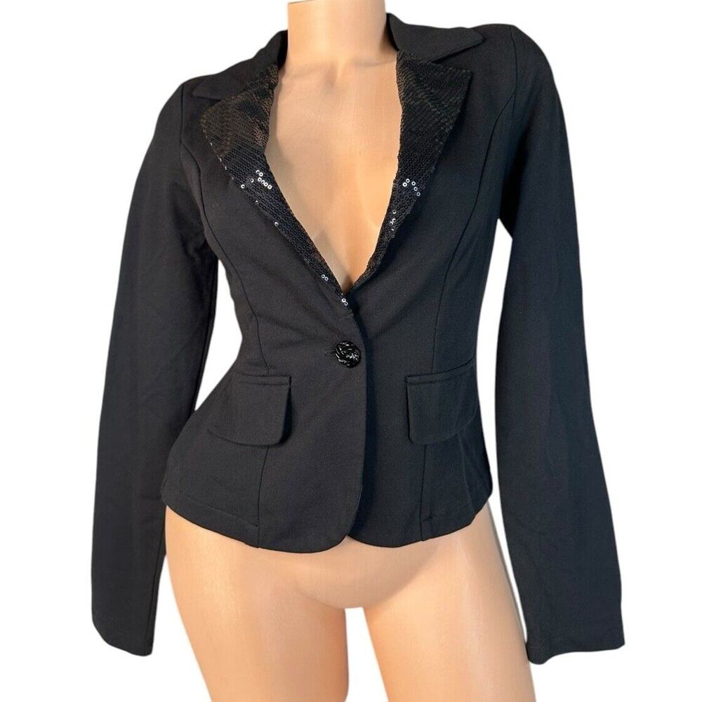 NEW No Boundaries Black Sequin Lapel Holiday Party Knit Blazer w/ Stretch‎ S 3-5